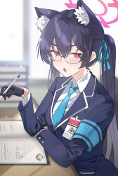 Rule 34 | 1girl, absurdres, animal ear fluff, animal ears, bespectacled, black gloves, black hair, black jacket, blazer, blue archive, blue necktie, blush, book, cat ears, collared shirt, doodle sensei (blue archive), extra ears, glasses, gloves, halo, highres, holding, holding pen, jacket, long hair, long sleeves, looking at viewer, necktie, open book, open mouth, pen, pink halo, red eyes, sensei (blue archive), serika (blue archive), shirt, solo, sysen, white shirt