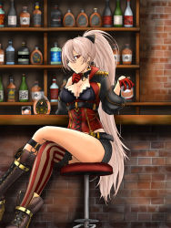 Rule 34 | 1girl, alcohol, asymmetrical footwear, asymmetrical legwear, azur lane, bar (place), black jacket, black shorts, boots, breasts, brown footwear, cleavage, corset, cross-laced clothes, cross-laced footwear, crossed legs, from side, gloves, half gloves, high ponytail, highres, ice, ice cube, indoors, jacket, jean bart (azur lane), long hair, looking at viewer, medium breasts, red corset, red eyes, red gloves, short shorts, shorts, single thighhigh, sitting, skull belt, solo, striped clothes, striped thighhighs, thighhighs, thighs, tn 1341, vertical-striped clothes, vertical-striped thighhighs, very long hair