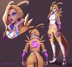 Rule 34 | 1girl, black sclera, blue eyes, colored sclera, digimon, highres, lipstick, long hair, makeup, personification, renamon, solo