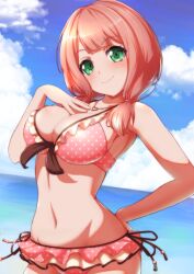 Rule 34 | 1girl, arm behind back, bang dream!, bare arms, bare shoulders, bikini, bikini skirt, blue sky, blunt bangs, blush, breasts, cleavage, closed mouth, cloud, commentary request, cowboy shot, day, dutch angle, frilled bikini, frills, front-tie bikini top, front-tie top, groin, halterneck, hand on own chest, hand on own hip, hand up, head tilt, heart, heart necklace, highres, hiraken, horizon, jewelry, long hair, looking at viewer, low twintails, medium breasts, navel, necklace, official alternate costume, outdoors, pink bikini, pink hair, polka dot, polka dot bikini, short twintails, side-tie bikini bottom, sky, smile, solo, stomach, swimsuit, twintails, uehara himari