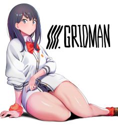 Rule 34 | 10s, 1girl, amano don, black hair, black skirt, blue eyes, blush, bow, breasts, buttons, closed mouth, copyright name, gridman universe, highres, hip focus, legs, long hair, long sleeves, looking at viewer, medium breasts, miniskirt, pleated skirt, red neckwear, red socks, school uniform, scrunchie, simple background, sitting, skirt, socks, solo, ssss.gridman, sweater, swept bangs, takarada rikka, thick thighs, thighs, white background, white sweater, wrist scrunchie