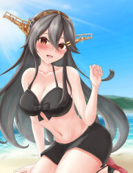 Rule 34 | 1girl, :d, bare shoulders, bikini, black bikini, black hair, blush, breasts, brown eyes, cardigan, cleavage, collarbone, hair between eyes, hair ornament, hairclip, haruna (kancolle), headgear, highres, hood, ichimai (apieceof ray151), kantai collection, large breasts, long hair, navel, official alternate costume, open cardigan, open clothes, open mouth, sandals, sitting, smile, solo, swimsuit