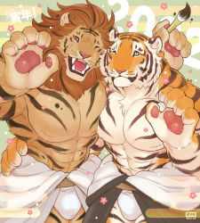 Rule 34 | 2022, 2boys, animal ears, animal hands, arm around waist, artist name, bara, black fur, body fur, bodypaint, brown fur, bulge, chinese zodiac, closed mouth, cowboy shot, dated, egasumi, fangs, flower, fundoshi, furry, furry male, furry with furry, green background, hand up, hands up, highres, holding, holding paintbrush, japanese clothes, large pectorals, lion boy, lion ears, looking at viewer, male focus, mane, multiple boys, muscular, muscular male, one eye closed, open mouth, orange eyes, orange fur, original, paintbrush, pectoral press, pectorals, pink flower, standing, teru suzu, tiger boy, tiger ears, tiger stripes, topless male, whiskers, white fur, year of the tiger, yellow eyes