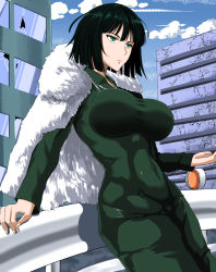 Rule 34 | 1girl, abs, arm support, black hair, blunt ends, breasts, building, closed mouth, coat, collared dress, covered navel, crack, cracked wall, day, dress, expressionless, eyebrows hidden by hair, fubuki (one-punch man), green eyes, impossible clothes, impossible dress, long sleeves, looking to the side, one-punch man, outdoors, short hair, solo, standing, stomach, takara joney