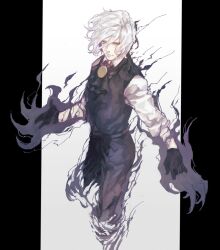 Rule 34 | 1boy, ascot, black ascot, black gloves, black pants, black vest, claws, closed mouth, collared shirt, cowboy shot, edmond dantes (fate), fate/grand order, fate (series), frilled ascot, frills, gloves, gradient background, grey background, hair between eyes, hands up, harukazu, highres, long sleeves, looking at viewer, male focus, outside border, pants, pillarboxed, shirt, simple background, smile, solo, standing, umbrakinesis, vest, white hair, white shirt, yellow eyes