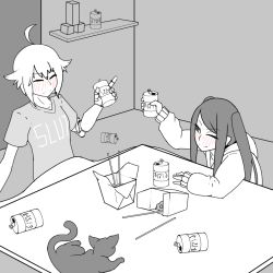 Rule 34 | 2girls, animal, antenna hair, beer can, blush, can, cat, cat tail, chinese food, chopsticks, closed eyes, clothes writing, dana zane, drink can, drunk, fore, greyscale, highres, hood, hoodie, jill stingray, kotatsu, limebreaker, mechanical arms, monochrome, multiple girls, one eye closed, shirt, short hair, sidelocks, single mechanical arm, t-shirt, table, tail, twintails, va-11 hall-a