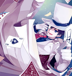 Rule 34 | 1boy, ace (playing card), adjusting clothes, adjusting headwear, amezawa koma, black hair, blue eyes, blue shirt, brown hair, cape, card, clothes, falling, floating card, formal, gloves, hat, holding, holding card, joker (playing card), kaitou kid, kuroba kaito, looking at viewer, male focus, meitantei conan, monocle, monocle chain, necktie, phantom thief, playing card, shirt, short hair, smile, solo, suit, teeth, top hat, white gloves, white suit