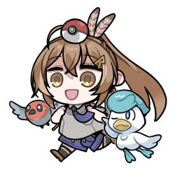 Rule 34 | 1girl, ahoge, alternate costume, backpack, bag, blue necktie, blue shorts, brown eyes, brown hair, chibi, clipe, collared shirt, creatures (company), feather hair ornament, feathers, fletchling, game freak, gen 6 pokemon, grey shirt, hair ornament, hairclip, hololive, hololive english, kneehighs, loafers, long hair, multicolored hair, nanashi mumei, necktie, nintendo, on head, one eye closed, poke ball, pokemon, pokemon sv, ponytail, quaxly, school uniform, shirt, shoes, shorts, socks, streaked hair, uva academy school uniform, very long hair, virtual youtuber