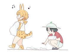 Rule 34 | 10s, 2girls, animal ears, bucket hat, elbow gloves, from side, gloves, hat, hat feather, holding, holding towel, kaban (kemono friends), kasa list, kemono friends, multiple girls, musical note, open mouth, picking up, quaver, red shirt, serval (kemono friends), serval tail, shirt, short sleeves, shorts, skirt, slippers, smile, squatting, tail, towel, walking
