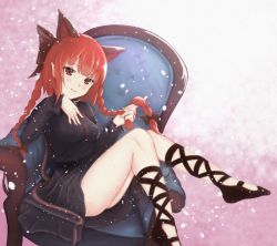 Rule 34 | 1girl, animal ears, ankle lace-up, armchair, black bow, black dress, black footwear, blunt bangs, blush, bow, braid, breasts, cat ears, cat tail, chair, closed mouth, cross-laced footwear, dress, gradient background, hair bow, holding, holding hair, kaenbyou rin, knees up, long hair, long sleeves, looking at viewer, medium breasts, multiple tails, nekomata, no socks, pink background, pointy ears, red eyes, red hair, sh1 (shanghaidoll), smile, solo, tail, touhou, twin braids, two tails