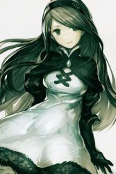 Rule 34 | 1girl, agnes oblige, black gloves, bravely default: flying fairy, bravely default (series), closed mouth, dress, gloves, green eyes, green hair, grey background, hairband, hungry clicker, juliet sleeves, long hair, long sleeves, looking at viewer, puffy sleeves, simple background, smile, solo, white dress
