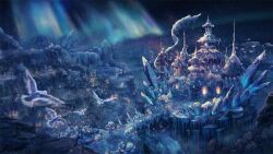 Rule 34 | artist request, aurora, bird, blue sky, blue theme, castle, highres, house, ice, icicle, in-universe location, indoors, night, night sky, no humans, official art, outdoors, ragnarok online, scenery, sky, snow, snowing, star (sky), starry sky, window