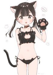 Rule 34 | 1girl, :o, absurdres, animal ear fluff, animal ears, animal hands, animal print, arm behind back, artist name, bare arms, bare shoulders, bell, black bra, black choker, black eyes, black hair, black panties, blunt bangs, bra, cat ears, cat lingerie, cat panties, cat print, cat tail, choker, collarbone, commentary, cowboy shot, dot nose, flat chest, frilled bra, frills, gloves, hand up, highres, jingle bell, light blush, lingerie, long hair, looking at viewer, m ydayo, meme attire, navel, neck bell, nyan, open mouth, original, panties, paw gloves, print panties, side-tie panties, simple background, solo, stomach, tail, twintails, twitter username, underwear, underwear only, white background