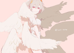 Rule 34 | 1girl, angel chromosome xx, angel wings, bad id, bad tumblr id, from side, grey hair, ikeuchi tanuma, looking at viewer, looking to the side, multiple wings, nagisa kaworu, neon genesis evangelion, pink background, red eyes, seraph, shirt, short hair, short sleeves, simple background, solo, standing, tabris-xx, twitter username, two side up, white shirt, wings