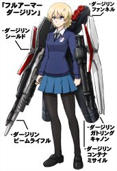 Rule 34 | 1girl, anger vein, black footwear, black necktie, black pantyhose, blonde hair, blue eyes, blue skirt, blue sweater, braid, closed mouth, commentary, darjeeling (girls und panzer), dress shirt, emblem, energy gun, frown, full body, girls und panzer, gun, highres, holding, holding gun, holding weapon, huge weapon, loafers, long sleeves, looking to the side, miniskirt, necktie, omachi (slabco), pantyhose, pleated skirt, rigging, school uniform, shirt, shoes, short hair, simple background, skirt, solo, st. gloriana&#039;s (emblem), st. gloriana&#039;s school uniform, standing, sweater, translated, twin braids, v-neck, weapon, white background, white shirt, wing collar