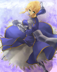 Rule 34 | 1girl, ahoge, armor, armored dress, artoria pendragon (fate), asagi-so, bad id, bad pixiv id, blonde hair, dress, fate/zero, fate (series), faulds, gauntlets, greaves, green eyes, hair ribbon, invisible air (fate), ribbon, saber (fate), solo, sword, weapon