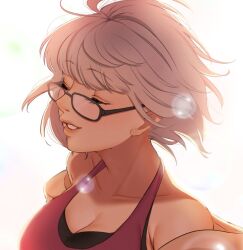 Rule 34 | 1girl, breasts, closed eyes, fate/grand order, fate (series), floating hair, glasses, grey hair, highres, hiyayaako, large breasts, short hair, smile, white background