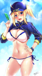 Rule 34 | 1girl, abe inori, ahoge, artoria pendragon (fate), baseball cap, bikini, blonde hair, blue eyes, blue hat, blue jacket, blue sky, breasts, cleavage, cloud, contrapposto, cropped jacket, fate/grand order, fate (series), food, hand on own hip, hat, highres, jacket, large breasts, mysterious heroine x (fate), mysterious heroine xx (fate), ponytail, popsicle, shrug (clothing), side-tie bikini bottom, signature, sky, solo, standing, swimsuit, white bikini, zipper pull tab
