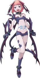 Rule 34 | 1girl, agneah, bandeau, choker, collar, demon girl, facial mark, fang, flat chest, gloves, head wings, highres, leg lift, pale skin, pink hair, pointy ears, purple eyes, red hair, short hair, shorts, slit pupils, solo, strapless, summon night, summon night twin age, tail, tattoo, thigh gap, thighs, tobe sunaho, tube top, wings