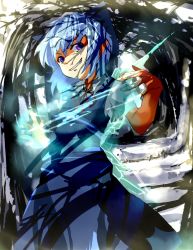 Rule 34 | 1girl, blue dress, cirno, closed mouth, cowboy shot, dress, fairy, fu1111111, head tilt, ice, ice wings, looking at viewer, magic, puffy short sleeves, puffy sleeves, short sleeves, smirk, solo, embodiment of scarlet devil, touhou, wings