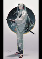 Rule 34 | 1boy, animal print, bird, bird print, black border, black hair, blue eyes, border, closed mouth, commentary, crane (animal), earrings, full body, gradient hair, grey background, hair ribbon, hand on hilt, himetsuru ichimonji (touken ranbu), japanese clothes, jewelry, katana, kimono, long hair, long sleeves, looking at viewer, male focus, multicolored background, multicolored hair, parted bangs, pillarboxed, ponytail, red ribbon, ribbon, sandals, sheath, sheathed, sidelocks, signature, smile, solo, standing, stud earrings, suda ayaka, sword, symbol-only commentary, touken ranbu, weapon, white hair, white kimono, wide sleeves, zouri