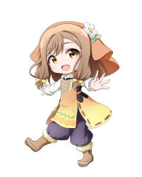 Rule 34 | 1girl, :d, black pants, blush, boots, brown eyes, brown footwear, brown hair, chibi, flower, full body, fur-trimmed boots, fur trim, genjitsu no yohane, highres, kuena, kunikida hanamaru, long hair, long sleeves, looking at viewer, love live!, love live! sunshine!!, open mouth, outstretched arms, pants, puffy pants, shirt, simple background, sleeves past wrists, smile, solo, walking, white background, white flower, white shirt