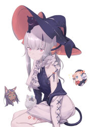Rule 34 | 3girls, abigail williams (fate), absurdres, animal, animal on head, animal on lap, black headwear, cat, cat tail, chibi, chibi inset, commentary, daisi gi, english commentary, fate/grand order, fate (series), frills, grey hair, halloween, hat, highres, lavinia whateley (fate), long hair, looking at viewer, multiple girls, on head, on lap, queen of sheba (fate), red eyes, ribbon, simple background, sitting, tail, white background, witch hat