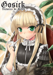 Rule 34 | 1girl, blonde hair, blunt bangs, blush, chain, chair, character name, child, commentary request, copyright name, embarrassed, flat chest, frills, gosick, green eyes, hairband, highres, hime cut, holding, leaf, lolita fashion, lolita hairband, long hair, looking at viewer, okara, ribbon, signature, sitting, sleeves rolled up, smoke, smoking, smoking pipe, solo, upper body, victorica de blois