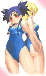 Rule 34 | 00s, 2girls, back-to-back, blonde hair, blue hair, blue one-piece swimsuit, blush, breasts, cameltoe, covered erect nipples, erstin ho, green eyes, holding hands, medium breasts, multiple girls, my-otome, nina wang, one-piece swimsuit, school swimsuit, seki suzume, swimsuit, twintails