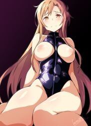 1girl artist_name asuna_(sao) bare_shoulders batta_16-sei black_background black_leotard blush braid breastless_clothes breastless_leotard breasts breasts_out brown_eyes brown_hair highleg highleg_leotard highres large_breasts leotard long_hair looking_at_viewer nipples simple_background sitting sword_art_online thick_thighs thighs wariza