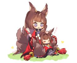Rule 34 | 2girls, :d, amagi-chan (azur lane), amagi (azur lane), animal ears, azur lane, bell, blunt bangs, brown hair, commentary request, detached sleeves, eyeshadow, fox ears, fox girl, fox tail, hair brush, hair ornament, headpat, holding, japanese clothes, kitsune, kyuubi, long hair, makeup, manjuu (azur lane), multiple girls, multiple tails, name connection, open mouth, purple eyes, putimaxi, rope, shimenawa, sidelocks, simple background, size difference, sleeping, sleeping on person, smile, tail, thick eyebrows, wide sleeves, zzz