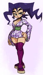 Rule 34 | blush, breasts, capcom, cleavage, hand on own hip, highres, japanese clothes, jellot, large breasts, long hair, purple eyes, purple hair, rose (street fighter), sandals, shiny skin, sidelocks, street fighter, thick lips, thighhighs, thighs, wide-eyed, wide sleeves