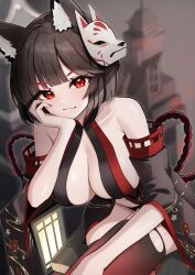 Rule 34 | 1girl, absurdres, animal ear fluff, animal ears, azur lane, bare shoulders, black hair, breasts, cat ears, cat mask, center opening, cleavage, crossed legs, detached sleeves, gradient legwear, hand on own cheek, hand on own face, highres, japanese clothes, kimono, large breasts, looking at viewer, mask, mask on head, pale skin, red eyes, red thighhighs, short hair, sitting, solo, thighhighs, torn clothes, torn thighhighs, wide sleeves, yamaha tsui, yamashiro (meta) (azur lane)
