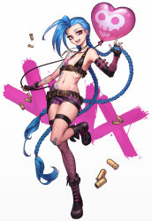 Rule 34 | 1girl, :d, asymmetrical footwear, asymmetrical gloves, balloon, bandaid, bandaid on knee, bandaid on leg, bare shoulders, bikini, bikini top only, black gloves, blue hair, boots, braid, breasts, bullet, character name, commentary, elbow gloves, eyeshadow, fingerless gloves, full body, gloves, highres, jinx (league of legends), knee boots, league of legends, long hair, looking at viewer, makeup, mismatched footwear, mismatched gloves, nail polish, navel, oopartz yang, open mouth, pink eyes, revision, shell casing, short shorts, shorts, simple background, single elbow glove, single knee boot, single thighhigh, small breasts, smile, solo, standing, standing on one leg, swimsuit, tattoo, thigh strap, thighhighs, twin braids, very long hair, white background