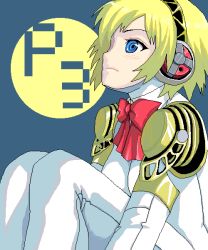 Rule 34 | 1girl, aegis (persona), android, blonde hair, blue background, blue eyes, blush, copyright name, joints, persona, persona 3, robot joints, shin&#039;ya (shin&#039;yanchi), short hair, solo
