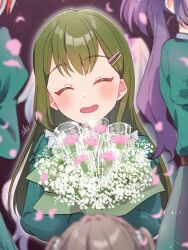 Rule 34 | 4girls, ^ ^, blurry, blurry background, blurry foreground, blush, bouquet, brown hair, check commentary, closed eyes, commentary request, dakishimeru hanabira (love live!), depth of field, double-parted bangs, dress, facing viewer, falling petals, flower, fujishima megumi, green dress, green hair, grey hair, hair ornament, hairclip, happy, head tilt, highres, holding, holding bouquet, kyaku tasu, light particles, link! like! love live!, long hair, long sleeves, love live!, multicolored hair, multiple girls, oogami sachi, open mouth, otomune kozue, out of frame, outline, petals, pink flower, purple hair, red hair, short hair, side ponytail, signature, smile, solo focus, straight hair, streaked hair, two side up, virtual youtuber, white flower, white outline, yugiri tsuzuri
