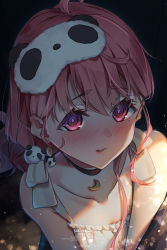 Rule 34 | 1girl, ahoge, artist name, bare shoulders, blush, collarbone, dated, earrings, fang, hair between eyes, hair ornament, highres, jewelry, kuro-kun (nablack), looking at viewer, low ponytail, mole, mole under eye, nijisanji, nose blush, official alternate costume, panda hair ornament, parted lips, pink eyes, pink hair, sasaki saku, sasaki saku (8th costume), short hair, side ponytail, sleep mask, solo, spaghetti strap, v arms, virtual youtuber