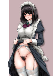 Rule 34 | 1girl, apron, arekishi raiho, black eyes, black hair, blush, breasts, clothes lift, commentary request, dress, dress lift, female pubic hair, frills, garter belt, garter straps, groin, highres, lifting own clothes, looking at viewer, maid, maid apron, maid headdress, medium hair, navel, no panties, original, pubic hair, smile, solo, thighhighs, white thighhighs