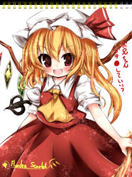 Rule 34 | 1girl, ascot, blonde hair, blush, breasts, character name, collared shirt, crystal, fang, flandre scarlet, hat, izumi yuuji (trace kouhosei), laevatein (touhou), looking at viewer, medium hair, mob cap, multicolored wings, one side up, open mouth, puffy short sleeves, puffy sleeves, red eyes, red skirt, red vest, shirt, short sleeves, sketchbook, skirt, small breasts, solo, touhou, traditional media, v-shaped eyebrows, vest, white background, white hat, white shirt, wings, yellow ascot