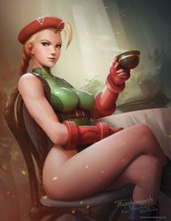 Rule 34 | 1girl, ahoge, antenna hair, artist name, beret, blonde hair, boots, braid, breasts, cammy white, capcom, chair, covered erect nipples, crossed legs, cup, elbow gloves, fingerless gloves, gloves, harness, hat, highleg, highleg leotard, huge ahoge, impossible clothes, impossible leotard, large breasts, leotard, lips, looking at viewer, nose, signature, single braid, sitting, smile, solo, street fighter, street fighter v, table, tarakanovich, teacup, twintails