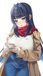 Rule 34 | 1girl, absurdres, black hair, blue eyes, blue hair, blue pants, blunt bangs, breasts, breath, brown coat, coat, coffee, colored inner hair, cowboy shot, cup, denim, ear piercing, fang, hair intakes, highres, holding, holding cup, hololive, hololive english, jeans, large breasts, long hair, long sleeves, multicolored hair, open clothes, open coat, open mouth, ouro kronii, ouro kronii (casual), pants, piercing, red scarf, revision, scarf, simple background, skin fang, sleeves past wrists, smile, solo, sweater, teacup, two-tone hair, virtual youtuber, white background, white sweater, yan.c
