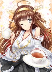 Rule 34 | 10s, 1girl, ;), ahoge, antennae, bare shoulders, breasts, brown hair, cleavage, cup, detached sleeves, grey eyes, hair ornament, japanese clothes, kantai collection, kedama (touhou), kongou (kancolle), large breasts, light smile, long hair, miko, one eye closed, sash, saucer, shirt, skirt, smile, solo, teacup, teapot, tears, touhou, very long hair, wide sleeves, wink, y2