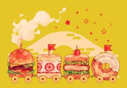 Rule 34 | bagel, burger, cherry tomato, chicken sandwich, commentary, english commentary, flag, food, food focus, fruit, green background, no humans, original, sandwich, simple background, smoke, star (symbol), steff (playground1997), strawberry, strawberry slice, tomato, train