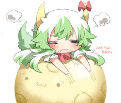 Rule 34 | 1girl, :3, = =, artist name, bad id, bad pixiv id, ball, blush, chibi, closed eyes, dated, ex-keine, fang, female focus, full moon, green hair, horn ornament, horn ribbon, horns, kamishirasawa keine, lowres, lying, moon, neckerchief, on stomach, open mouth, puffy sleeves, rebecca (keinelove), ribbon, scratches, short sleeves, signature, simple background, sukusuku hakutaku, touhou, white background