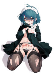 Rule 34 | 1girl, absurdres, ahoge, apron, aqua eyes, aqua hair, bandaid, bandaid on face, bandaid on hand, bandaid on nose, black dress, black panties, black thighhighs, body writing, bow, bow panties, breasts, cameltoe, closed mouth, clothes lift, condom, cum, cum on body, cum on clothes, de yi, dress, dress lift, female focus, frills, full body, garter belt, groin, hair between eyes, hair ornament, hairclip, hands up, highres, lifting own clothes, long sleeves, looking at viewer, maid, maid apron, maid headdress, medium breasts, multicolored eyes, navel, no pupils, original, panties, purple eyes, scar, seiza, shadow, short hair, sidelocks, simple background, sitting, skindentation, solo, stomach, suggestive fluid, tally, thighhighs, thighs, torn clothes, torn thighhighs, underwear, used condom, variant set, white background
