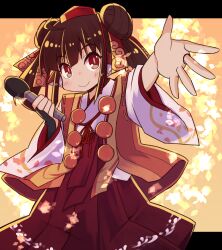 Rule 34 | 1girl, ahoge, brown hair, closed mouth, cloud print, commentary request, cowboy shot, double bun, fingerless gloves, foreshortening, gloves, hair bun, hair ribbon, hat, highres, holding, holding microphone, jacket, japanese clothes, kataginu, kimono, light blush, long hair, long sleeves, looking at viewer, microphone, orange jacket, original, outstretched hand, petal print, pom pom (clothes), red eyes, red ribbon, red skirt, ribbon, simple background, skirt, sleeveless, sleeveless jacket, smile, solo, standing, tengu, tokin hat, twintails, white kimono, wide sleeves, yellow background, yukinagi