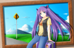 Rule 34 | blue eyes, casual, framed, hood, hoodie, konaa, little busters!, long hair, luggage, picture frame, purple hair, sasasegawa sasami, solo, twintails, two side up, vest