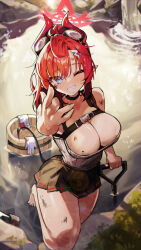 Rule 34 | 1girl, absurdres, black choker, blue archive, blue eyes, blush, breasts, bucket, choker, cleavage, clenched teeth, demon tail, goggles, goggles on head, halo, highres, horns, large breasts, megu (blue archive), one eye closed, pointy ears, red hair, red halo, red horns, renn 01, short hair, smile, solo, standing, tail, teeth, thighs, water