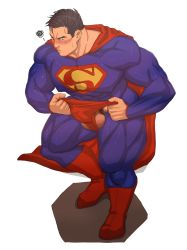 Rule 34 | 1boy, abs, bara, black hair, blush, highres, male focus, muscular, pectorals, penis, solo, superman, tagme, testicles, undressing