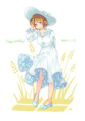 Rule 34 | 1girl, absurdres, adjusting hair, arm behind back, artist name, artist request, bare legs, blush, breasts, brown hair, collarbone, dress, female focus, full body, hair between eyes, highres, koizumi hanayo, large hat, looking at viewer, love live!, love live! school idol project, miniskirt, parted lips, plaid, plaid dress, plaid skirt, pleated, pleated dress, pleated skirt, puffy short sleeves, puffy sleeves, purple eyes, short hair, short sleeves, skirt, small breasts, smile, solo, sundress, upskirt, wavy hair, white background, white dress, white footwear, white headwear, white skirt